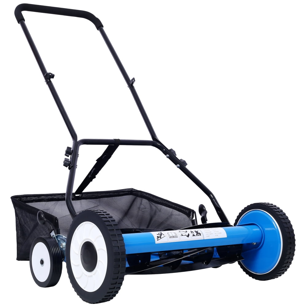 Zateety  20-Inch 5-Blade Push Reel Lawn Mower with Grass Catcher, 4 WHEELS BLUE COLOR