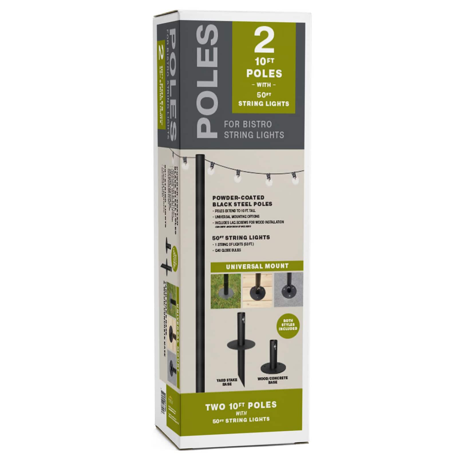 Bistro String Light Poles - 2 Pack - Extends to 10 Feet - 50 Feet of String Lights Included