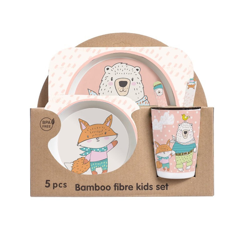 5Pcs/Set Bamboo Kids Dinnerware Set - Children Dishes - BPA Free Food Plate Bowl Cup Spoon Fork Set Dishware, Cartoon Tableware - Lion