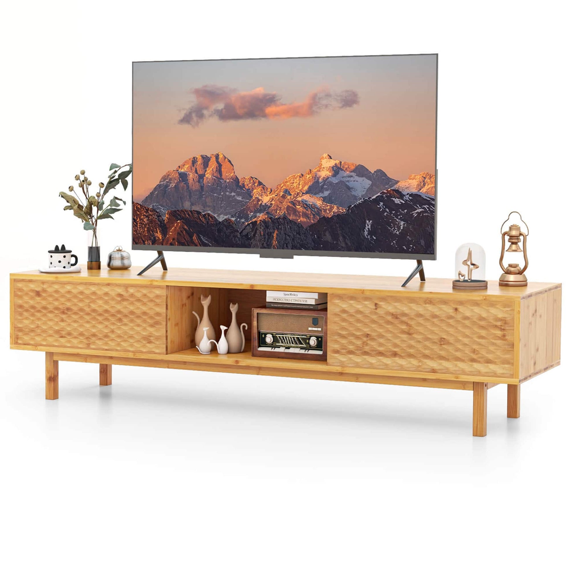 63" Bamboo TV Stand with 3 Storage Cubes Sliding Doors Mid Century Storage Cabinet