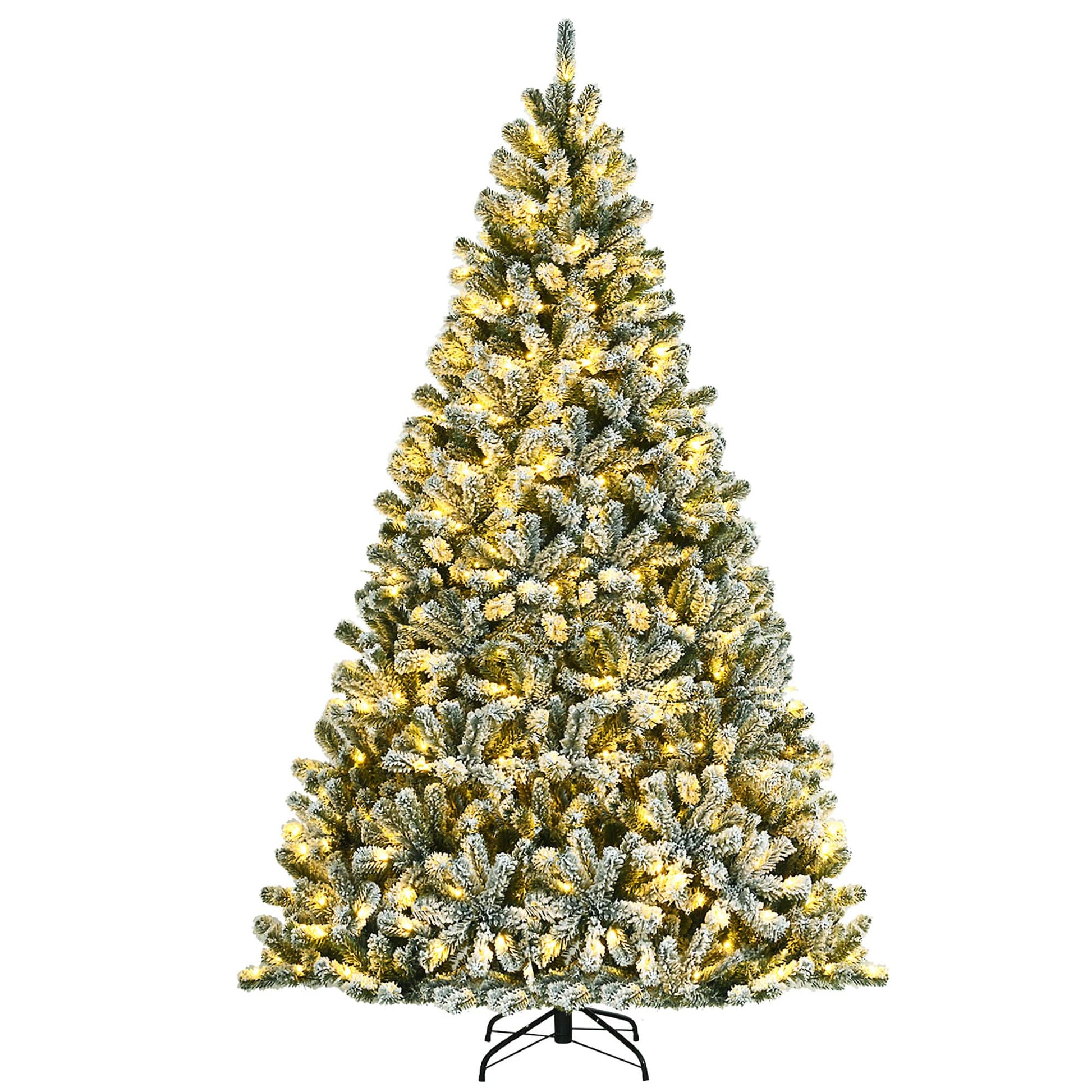 8ft Pre-lit Snow Flocked Hinged Christmas Tree w/1502 Tips & Metal Stand