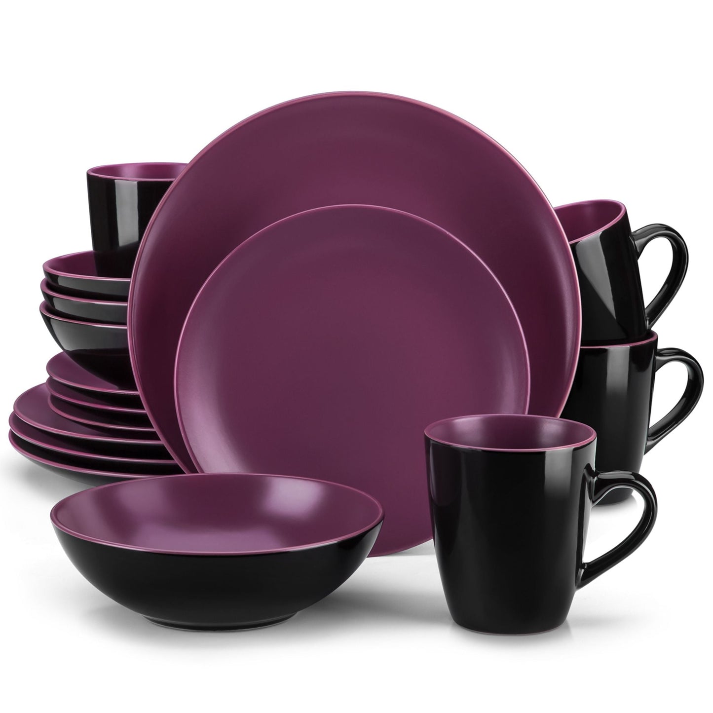 vancasso Dinnerware Sets, Stoneware Dinner Set for 4, 16-Piece Round Black & Violett, Series Bacche Matte